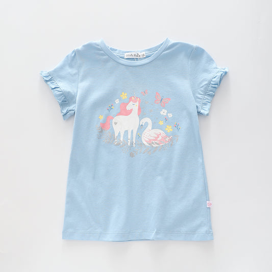 Girl's Pastel Blue Unicorn And Swan T-Shirt Ollies Place