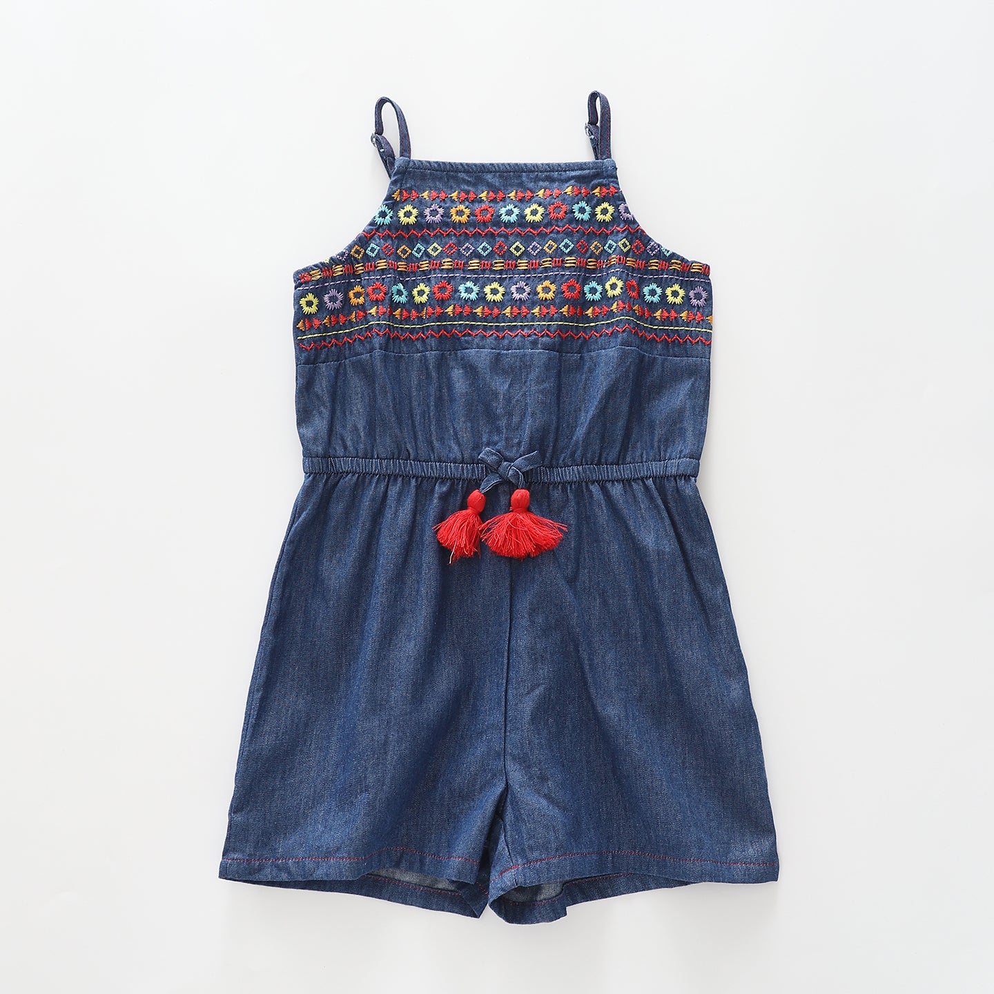 Girl's Retro Denim Embroidered Romper Ollies Place