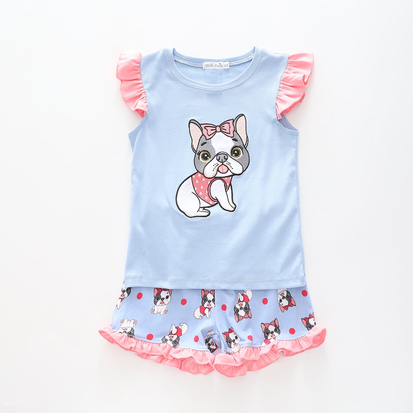 Girl's Blue and Pink Sleep Set With French Bulldog Print Ollies Place