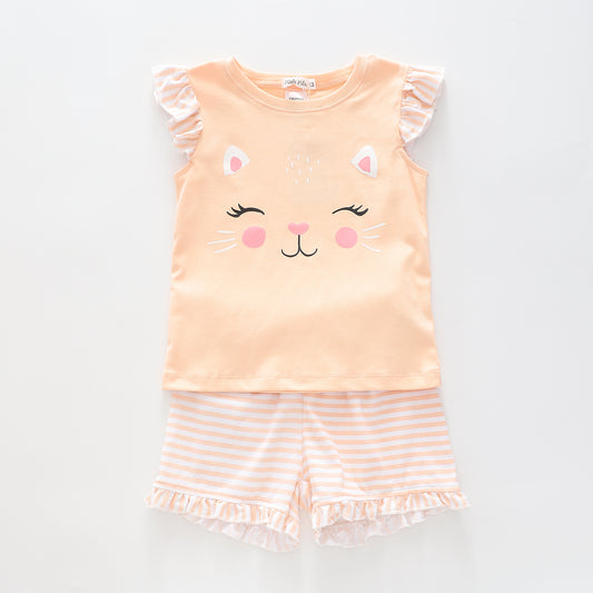 Girl's Peach Sleep Set With Cat Print Ollies Place