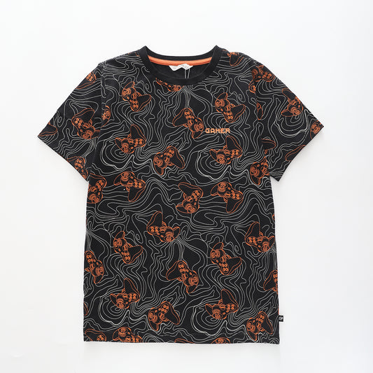 Boy's Black And Orange T-shirt With Gaming Print Ollies Place