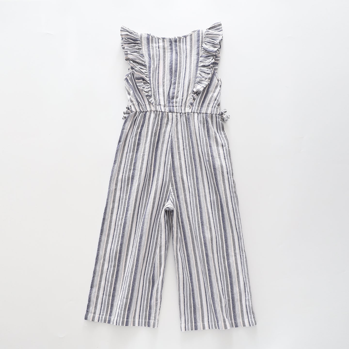 Girl's Blue Linen Striped Ruffle Wide Leg Jumpsuit Ollies Place