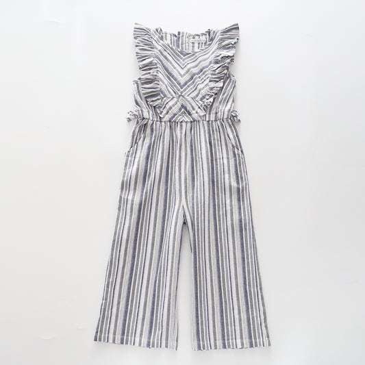 Girl's Blue Linen Striped Ruffle Wide Leg Jumpsuit Ollies Place