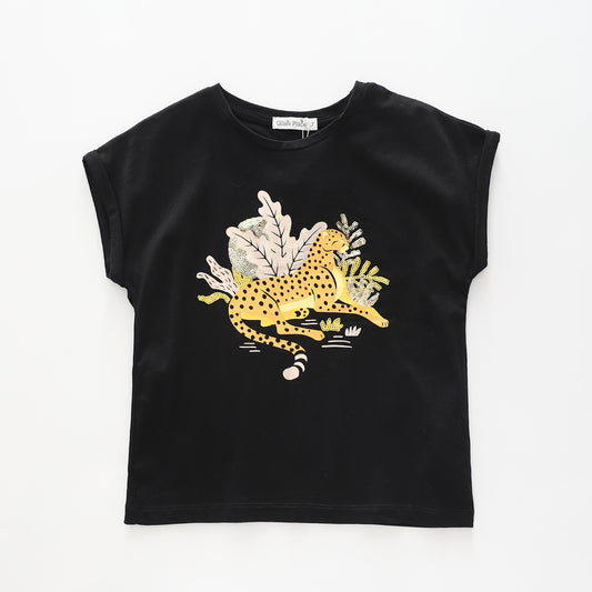 Girl's Cropped Black Sequined Leopard T-Shirt Ollies Place