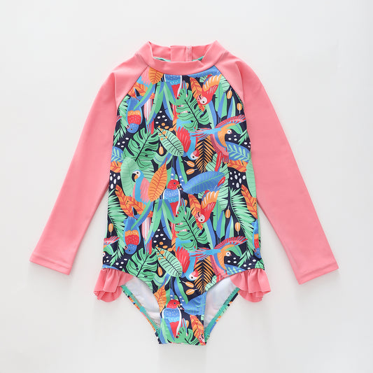 Girl's Jungle Print Pink and Green Long sleeve One-piece Swimsuit Ollies Place