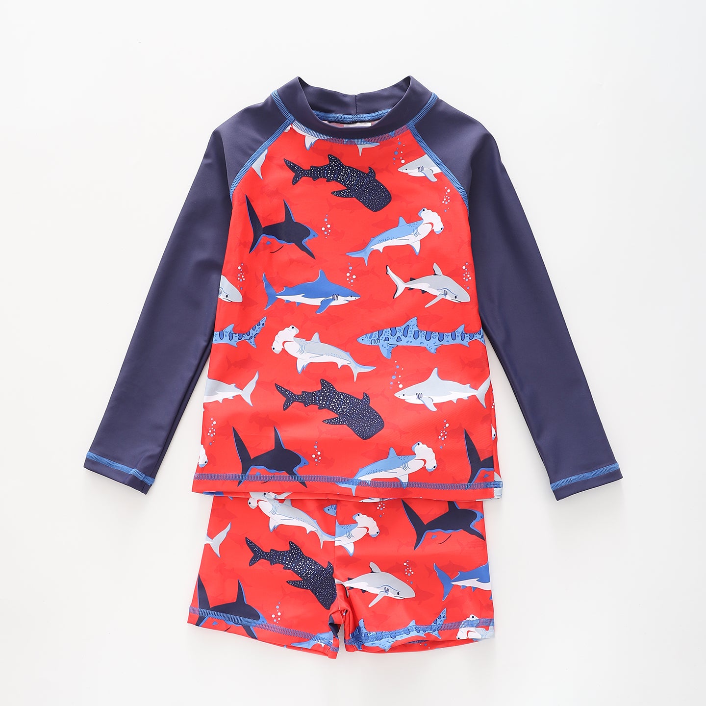 Boy's Red Swim With Sharks Print Two Piece Swimsuit Set Ollies Place