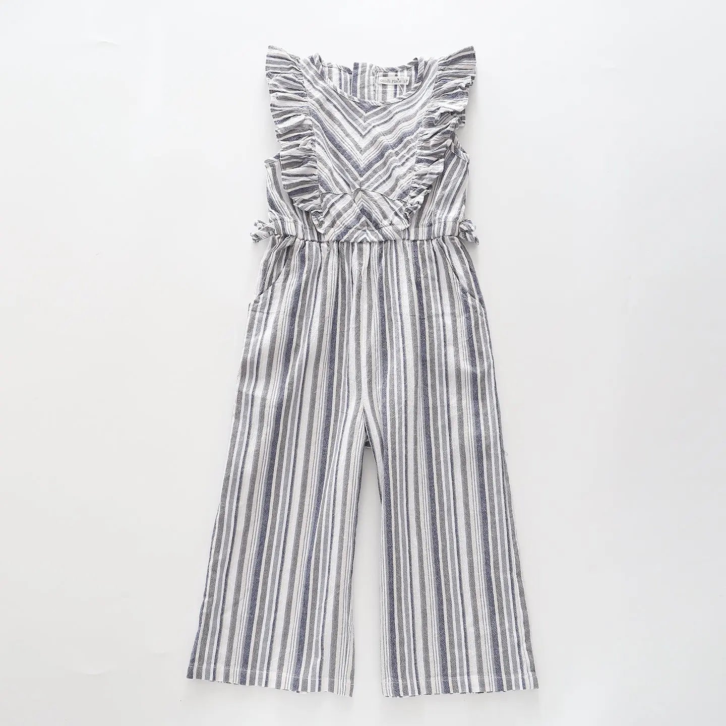 Girl's Blue Linen Striped Ruffle Wide Leg Jumpsuit Ollies Place