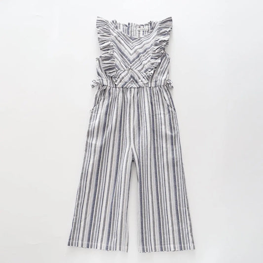 Girl's Blue Linen Striped Ruffle Wide Leg Jumpsuit Ollies Place