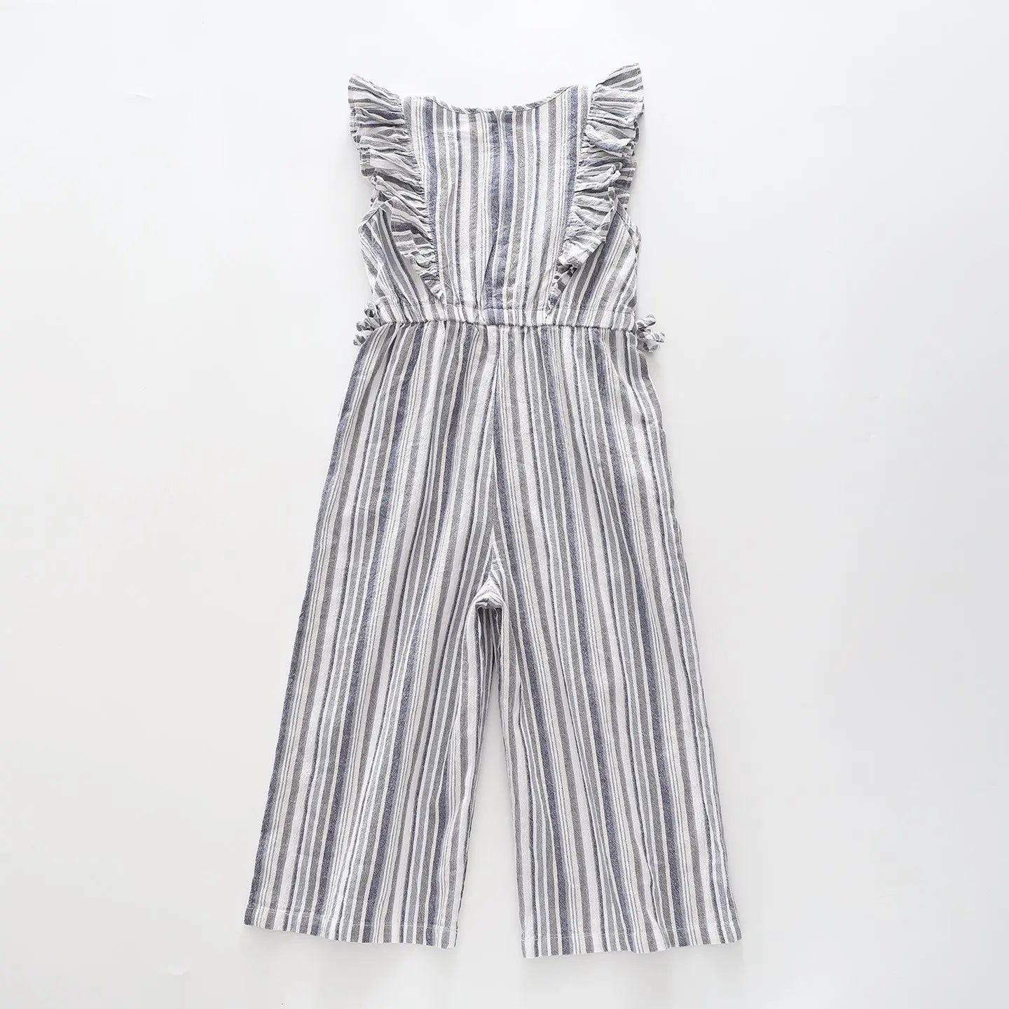 Girl's Blue Linen Striped Ruffle Wide Leg Jumpsuit Ollies Place