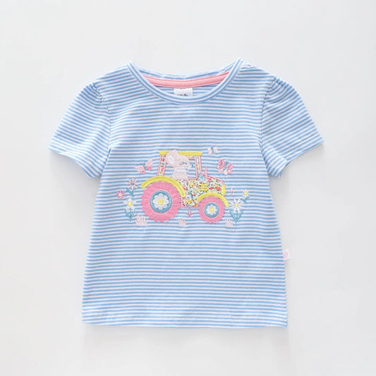 Girl's Blue Stripe Tractor T-Shirt Ollies Place