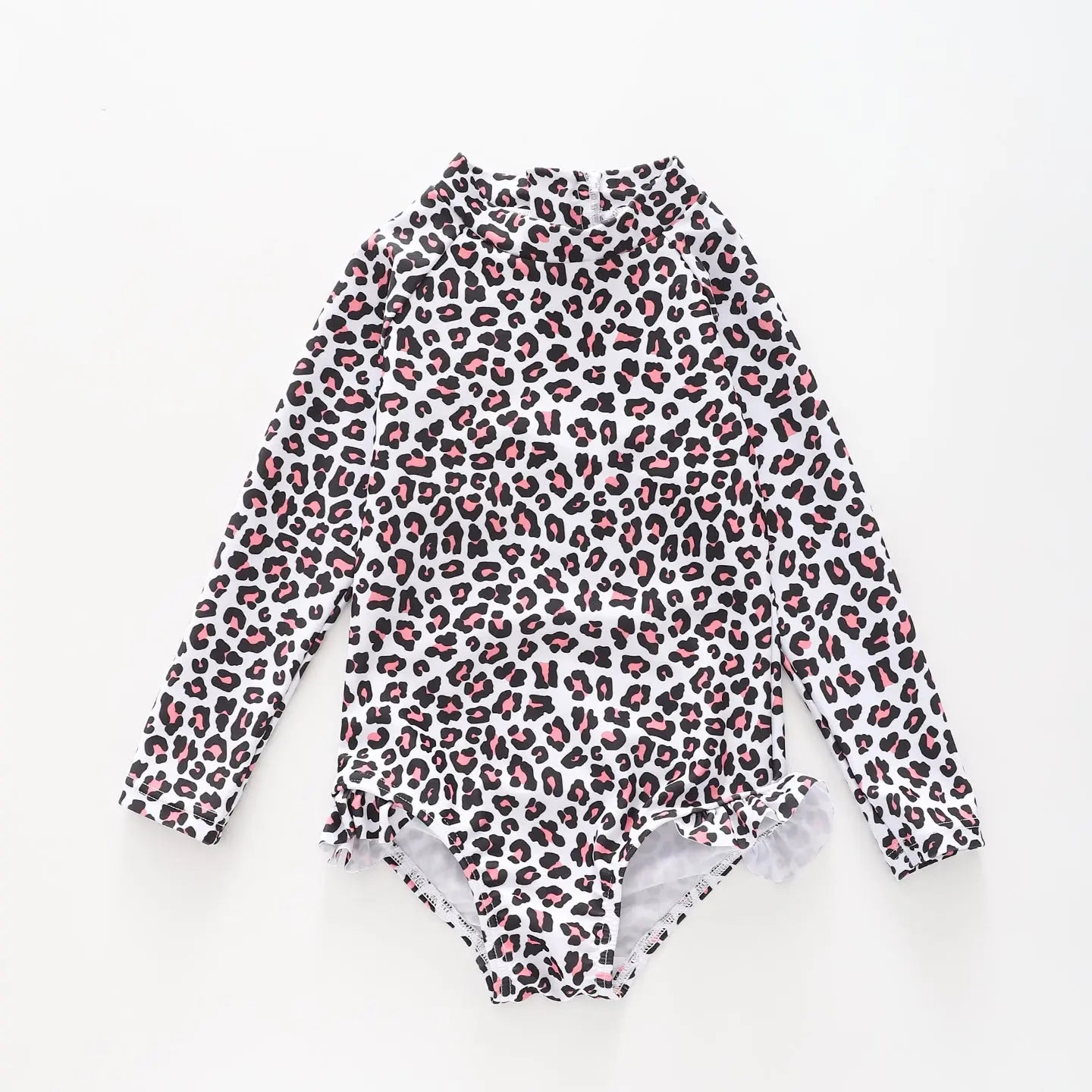 Girl's Pink Leopard Print One Piece Long Sleeve Swimsuit Ollies Place