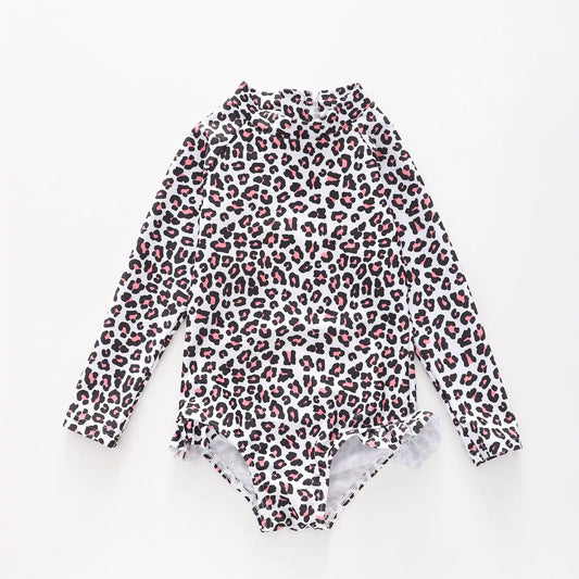 Girl's Pink Leopard Print One Piece Long Sleeve Swimsuit Ollies Place