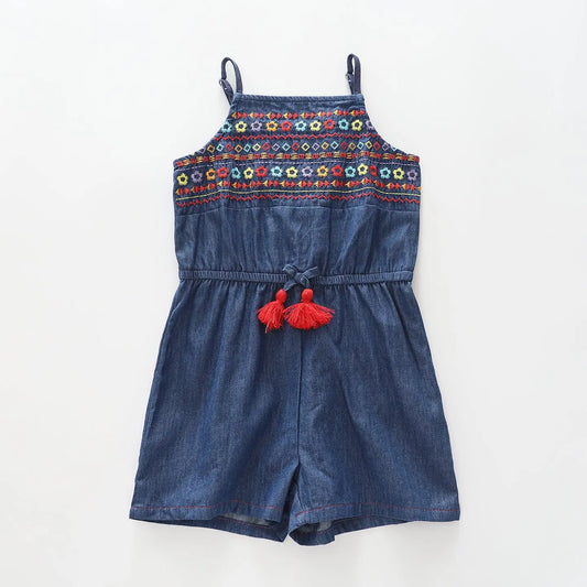 Girl's Retro Denim Embroidered Romper Ollies Place