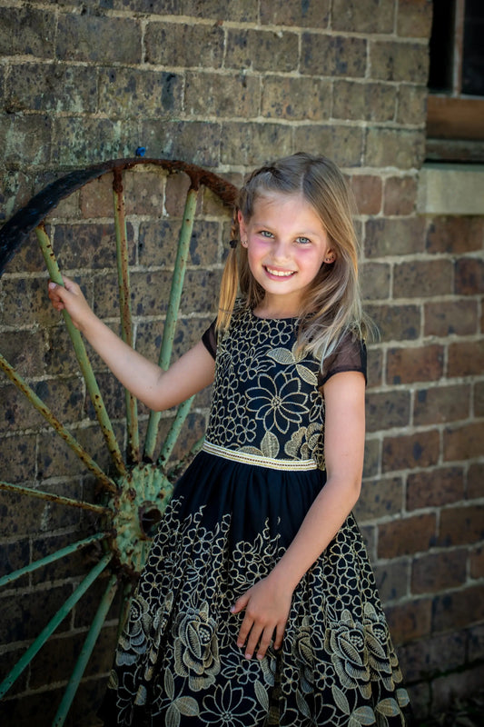 Girls Black and Gold Lace Formal Dress Ollies Place