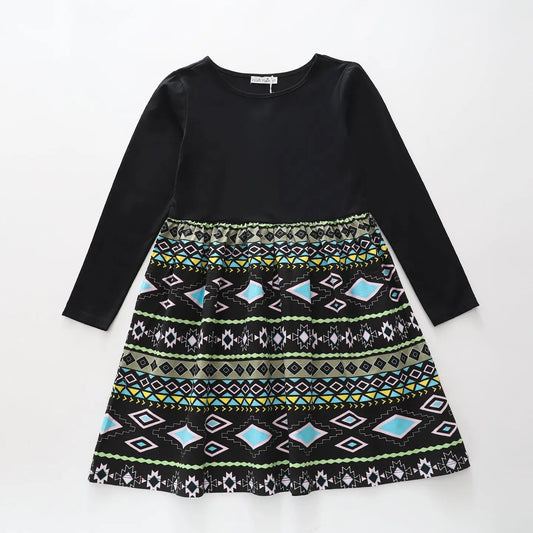 Girls Geometric Print LS Dress Ollies Place