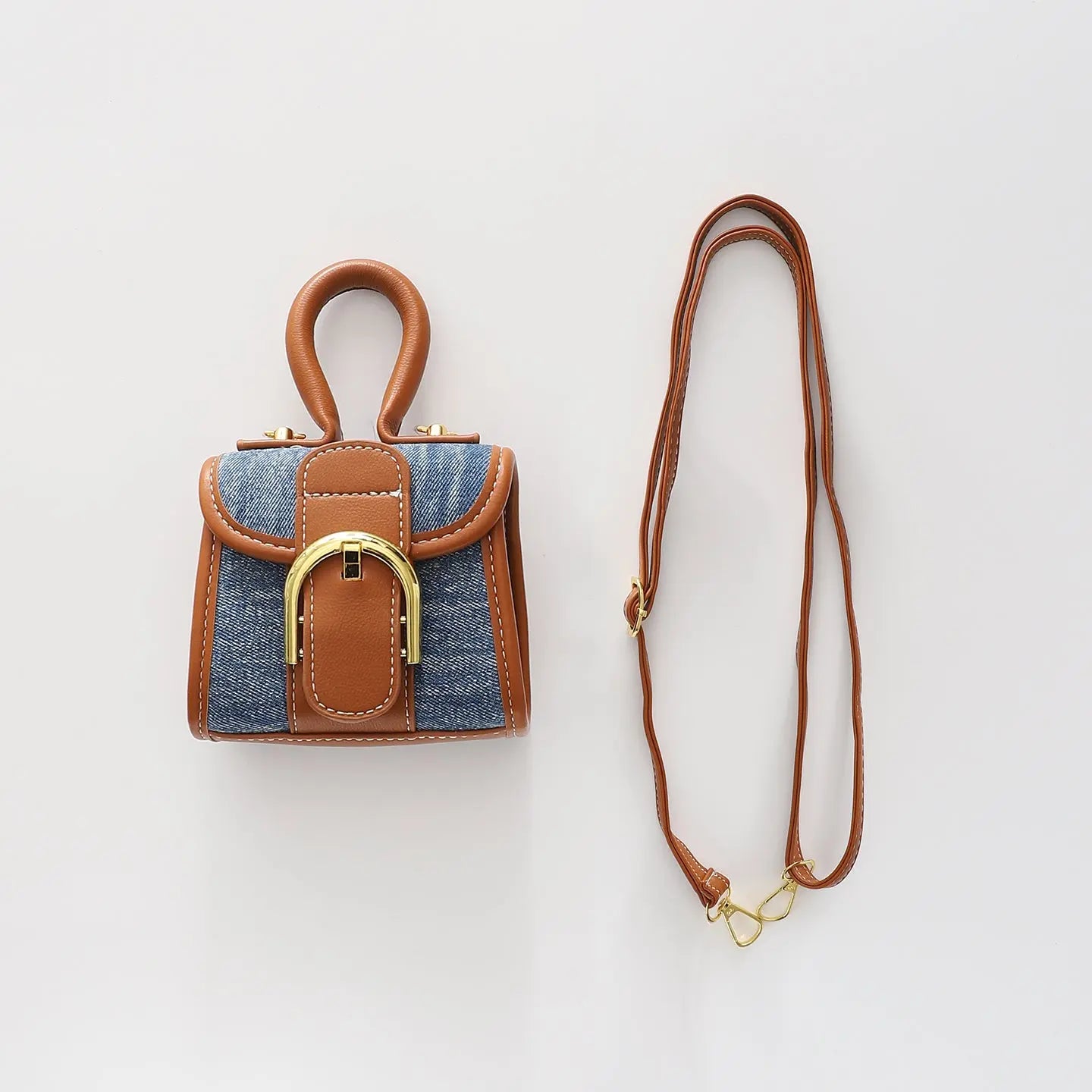 Girls Mini Buckle Bag - Denim and Tan Ollies Place