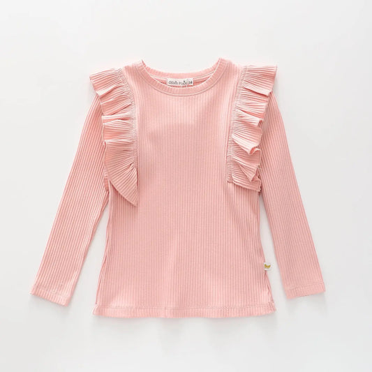 Girls Pink Ribbed Ruffle LS Top Ollies Place