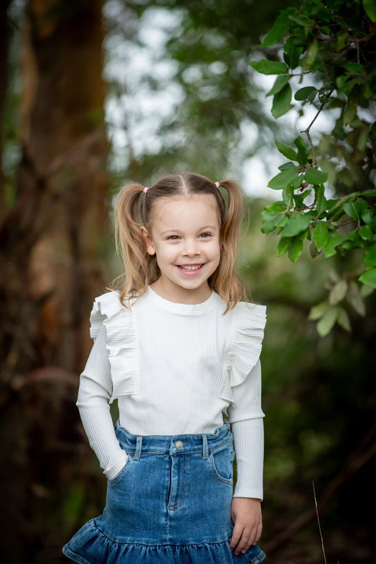 Girls White Ribbed Ruffle LS Top Ollies Place