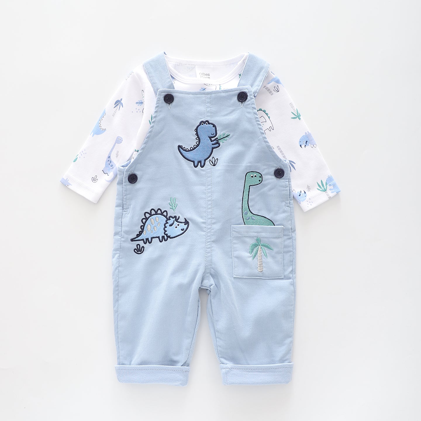 Little Blue Dino, Baby Boys Overalls Set Ollies Place