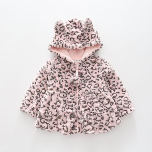 Pink Leopard Faux Fur Hooded Jacket For Baby Girl
