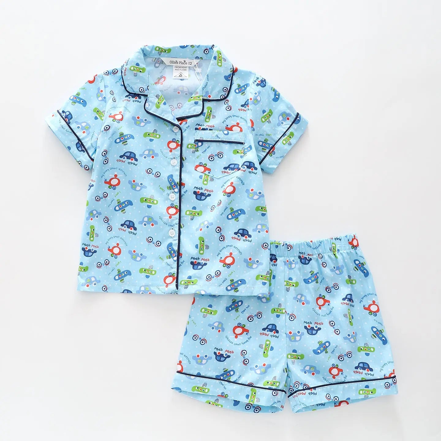 Junior Boys Blue Cotton Poplin PJ Set – Cars, Helicopter & Boats Print Ollies Place