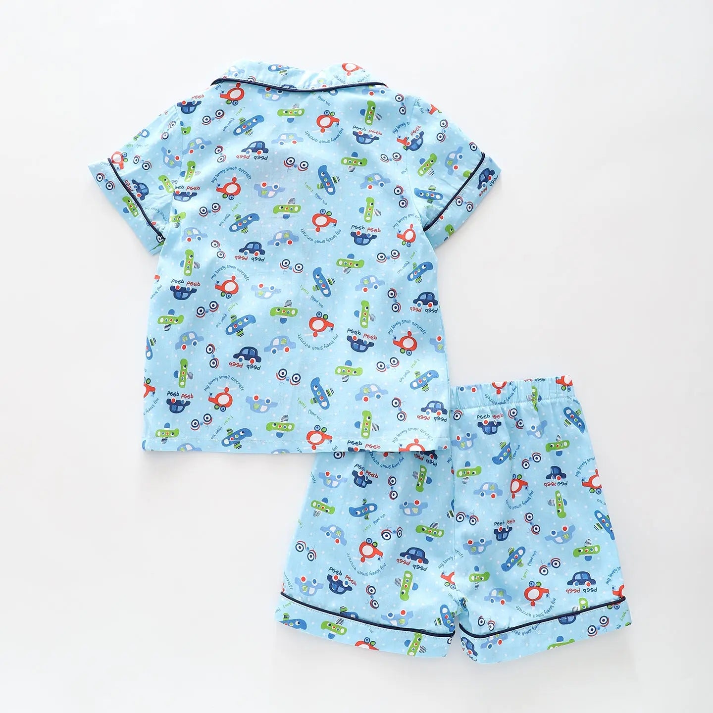 Junior Boys Blue Cotton Poplin PJ Set – Cars, Helicopter & Boats Print Ollies Place