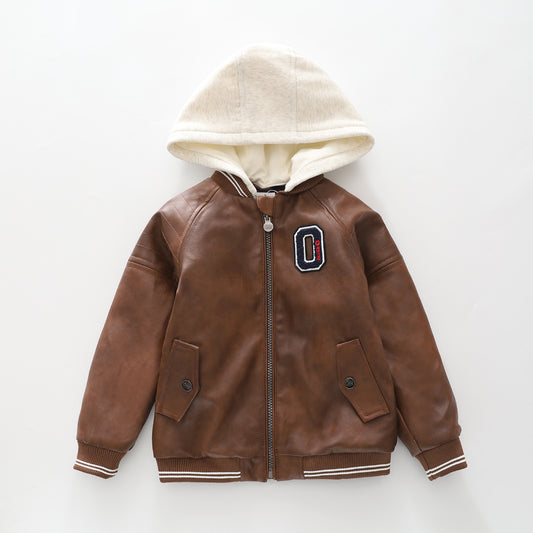 Pleather Hooded Bomber Jacket