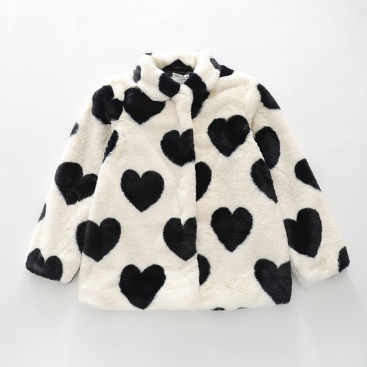 Black Hearts Faux Fur Coat