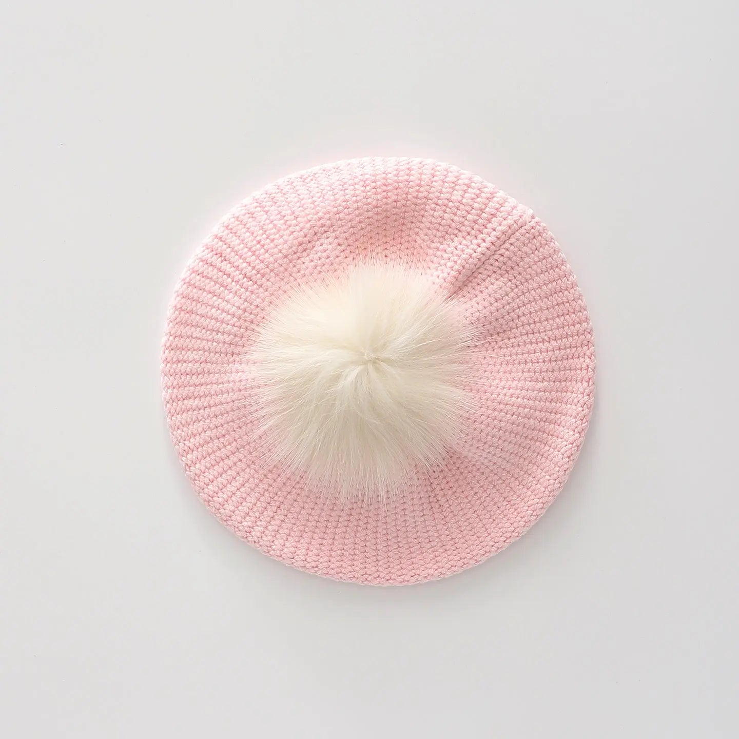 Pink Knit Faux Fur Pom Pom Beret Ollies Place