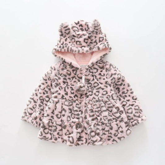 Pink Leopard Faux Fur Hooded Jacket For Baby Girl Ollies Place