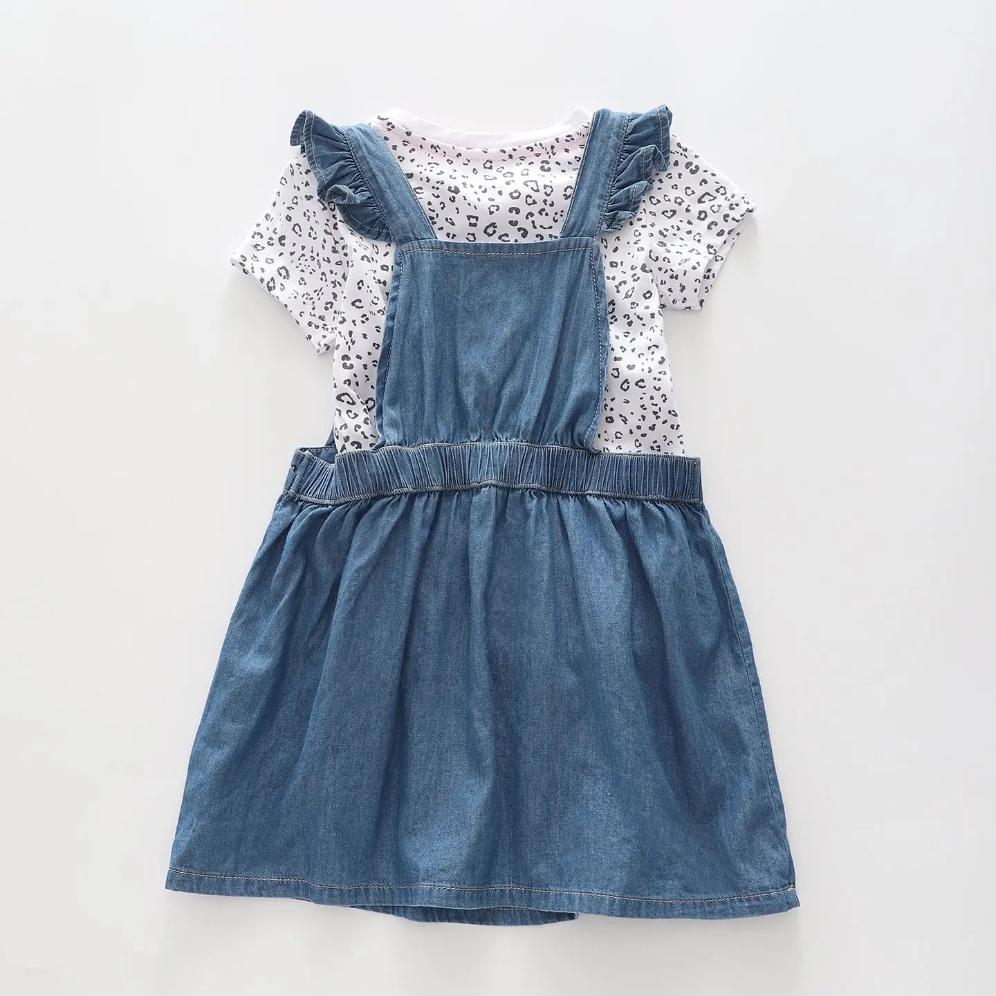 Two Piece Girl's Cat Denim Pinafore and Leopard print t-shirt Set Ollies Place