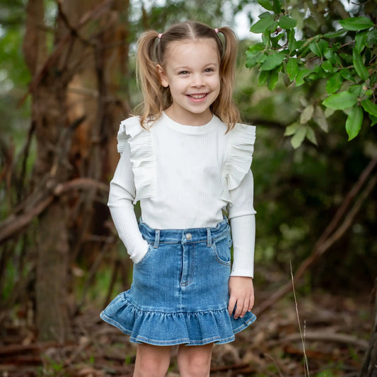 White Ruffle Trim LS Top Ollies Place