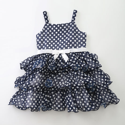 Junior Girls Navy Special Occasion Layered Chiffon Dress With Polka Dots