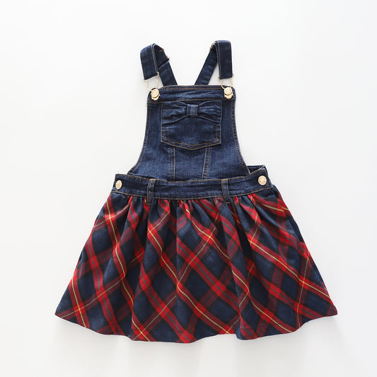 Denim & Tartan Pinafore Dress - Toddler Girl