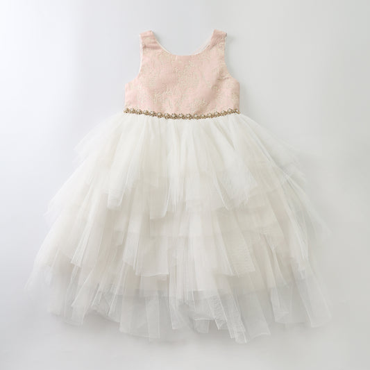Girls' Tiered Tulle Pretty Pink Shimmer Jacquard Formal Occasion Party Dress