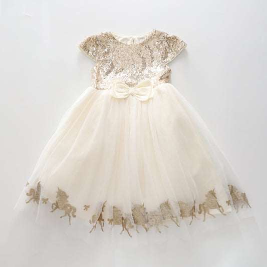 Girl's White And Gold Tulle Sequined Unicorn Party Dress