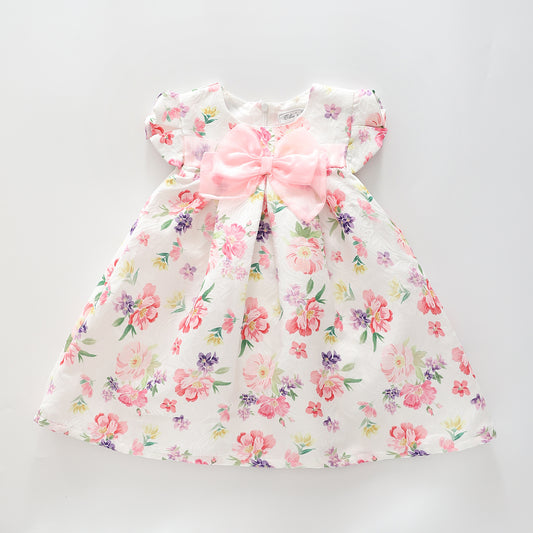 Girl's White and Pink Floral Party Dress