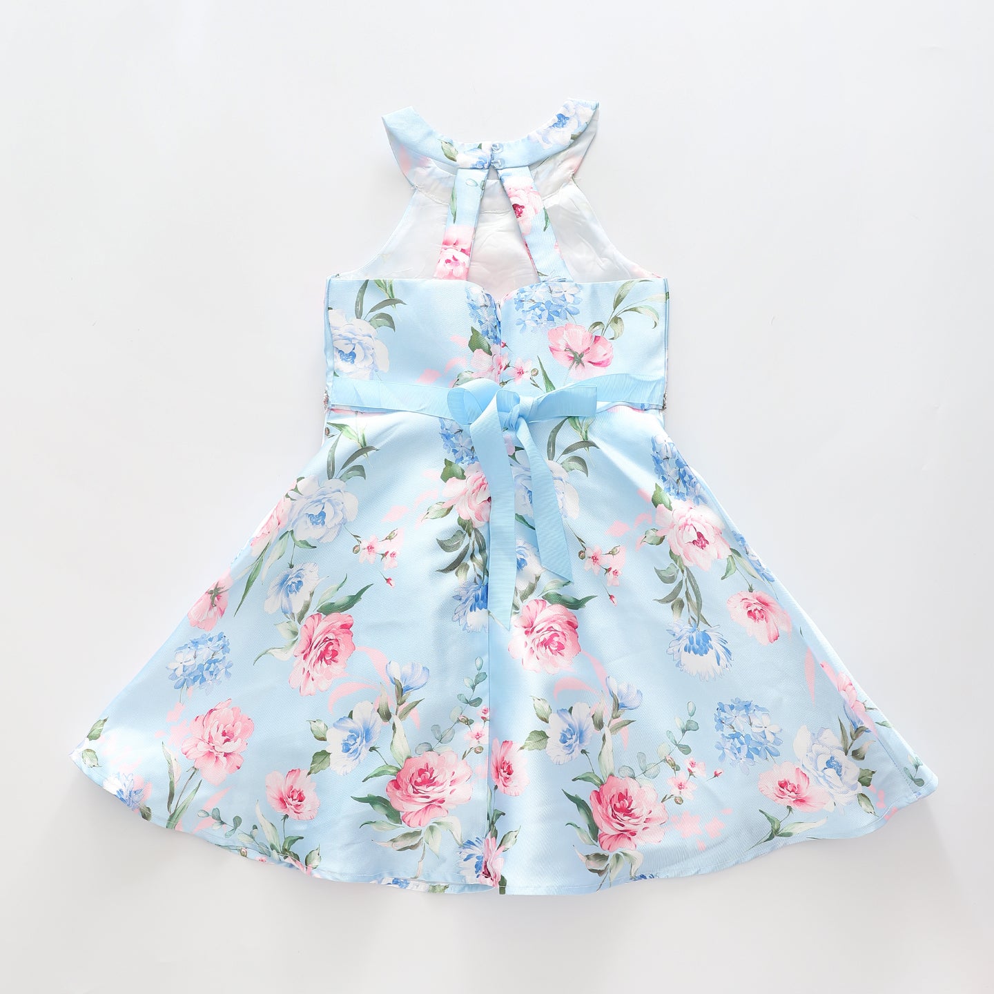 Girl's Sky Blue Pink Floral Party Dress