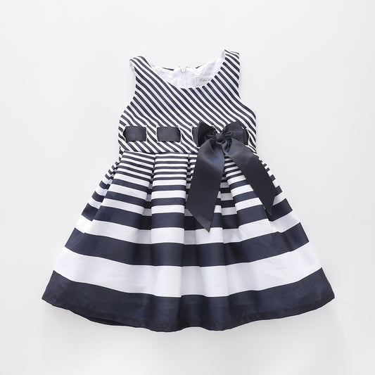 Navy Blue Stripe, Girls Party Dress