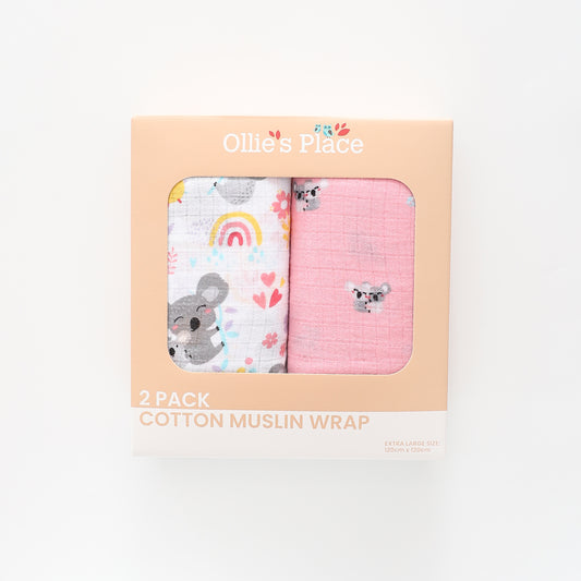100% Cotton Cute Koala Muslin Wrap 2 Piece Pack