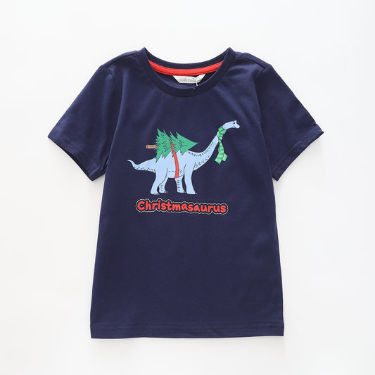 Boy's Navy Blue T-Shirt With Christmas Dinosaur Print