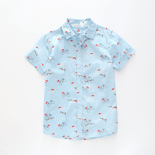 Boy's Blue Button-down Shirt With Christmas Print
