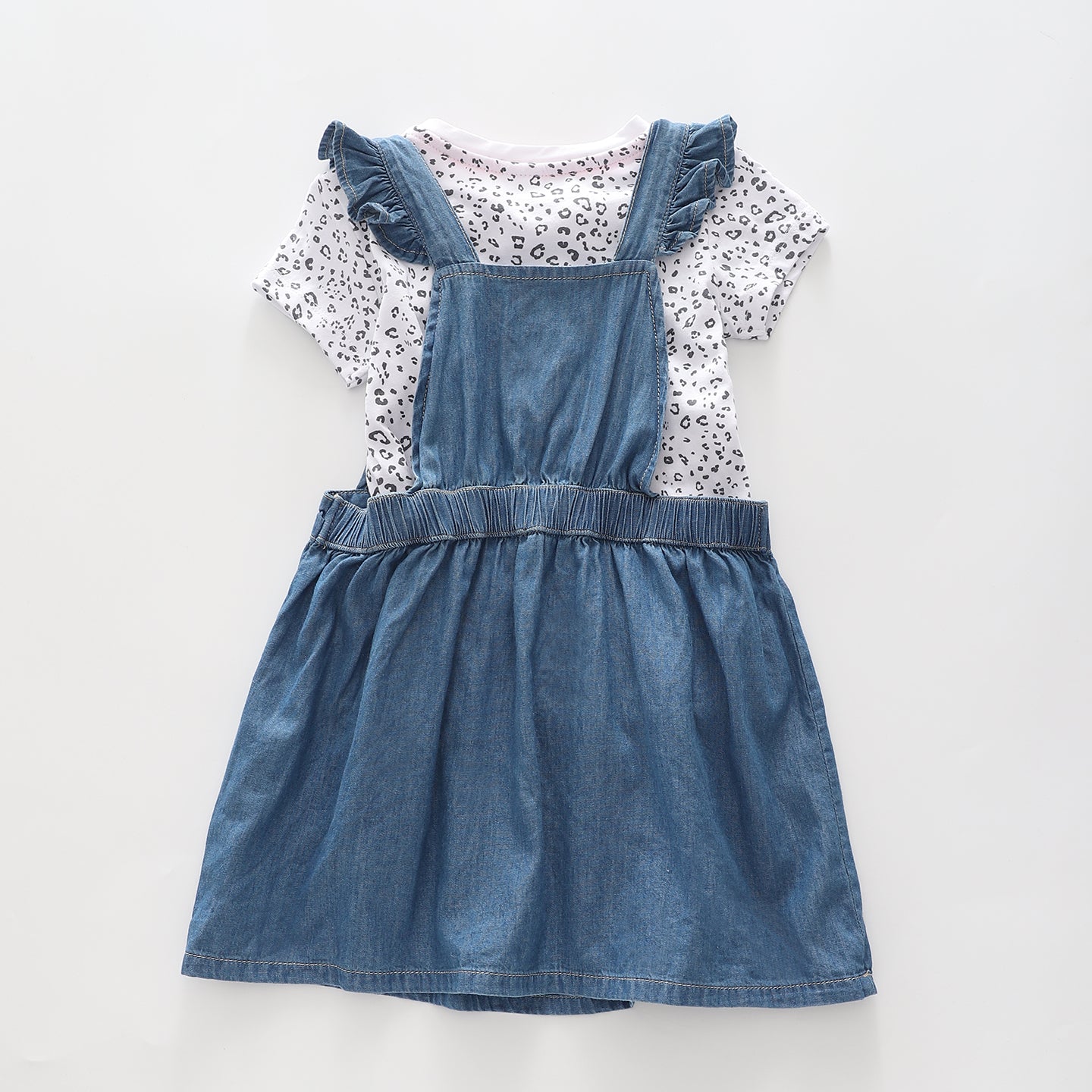 Two Piece Girl's Cat Denim Pinafore and Leopard print t-shirt Set