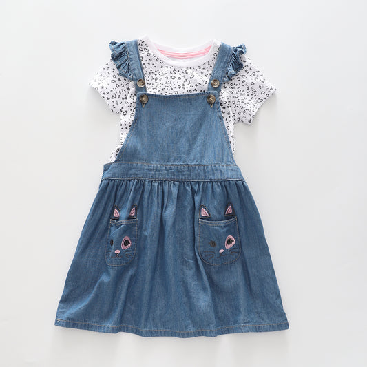 Two Piece Girl's Cat Denim Pinafore and Leopard print t-shirt Set