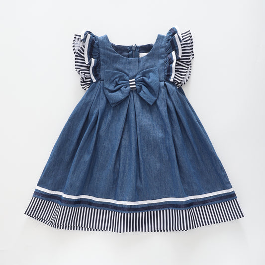 Girl's Denim Pleated Bow Dress with Matching Bloomers