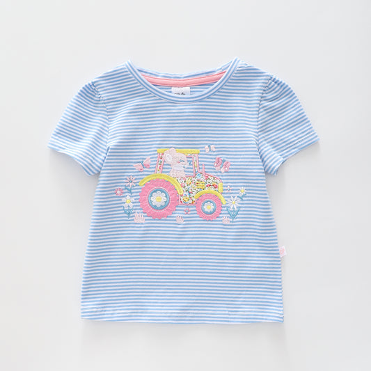 Girl's Blue Stripe Tractor T-Shirt