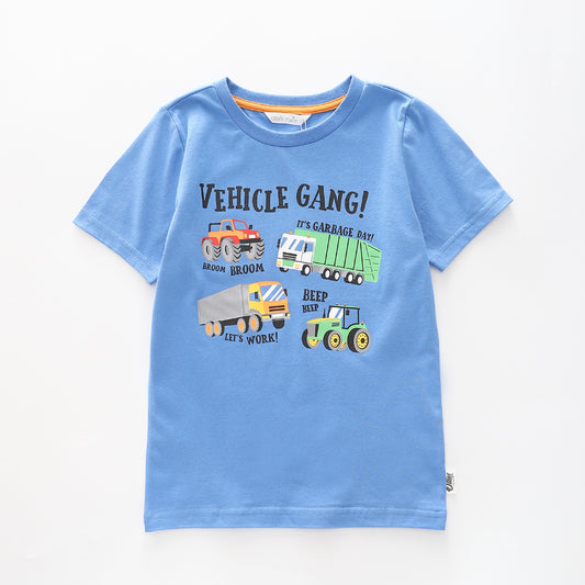 Boy's Blue T-shirt With 'Vehicle Gang' Truck Print