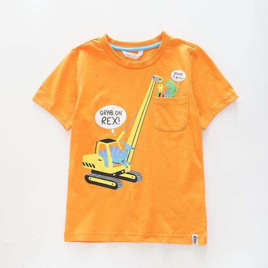 Boy's Orange T-Shirt with Dinosaur Digger Print