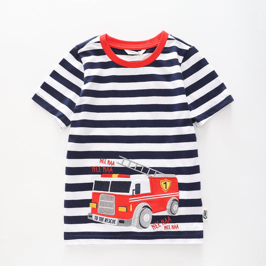 Boy's Striped T-shirt With Vehicle Print