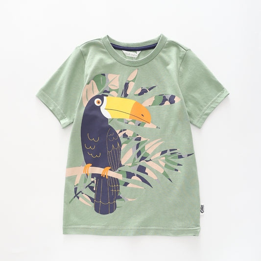 Boy's Khaki Green T-shirt With Toucan Jungle Print